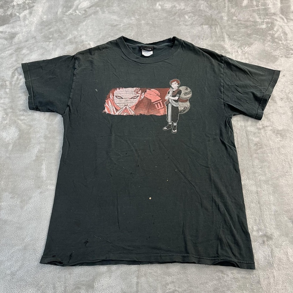 Naruto‎ Gaara Shirt Mens L Black Graphic Anime Tee Kanji Back Distressed Thrash